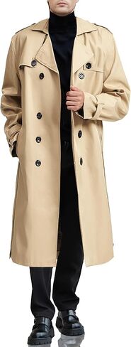 Botten Men's Double-Breasted Trench Coat - Long Jacket Overcoat-Oversized Casual Windbreaker with Lapel-BLACK in Kuwait