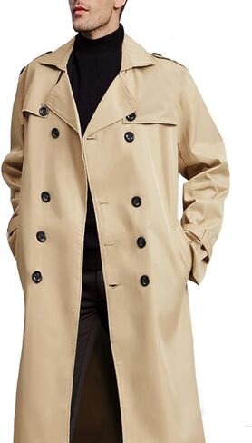 Botten Men's Double-Breasted Trench Coat - Long Jacket Overcoat-Oversized Casual Windbreaker with Lapel-BLACK in Kuwait