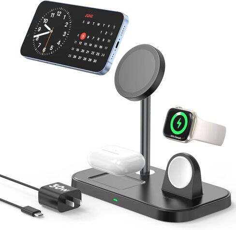 3 in 1 Wireless Charging Station for Apple Devices, MagSafe Charger Stand with 30W Adapter, Wireless Charger for iPhone 15/14/13/12 Series, Apple Watch Series 1-9 and AirPods (Black) in Saudi Arabia