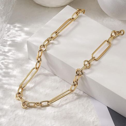WISTIC Lauren Paperclip Bolo Necklace Layered Stacked Paper-clip Link for Women Adjustable Lobster Clasp Gold Plated Stainless Steel Link Charm Chain(16"/20"/24") (Paperclip, 16 Inches) in Saudi Arabia
