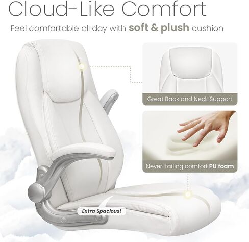 NEO CHAIR كرسي مكتب مريح من جلد البولي يوريثان، كرسي تنفيذي مبطن قابل للطي ومسند للذراعين، كرسي كمبيوتر قابل للتعديل ارتفاع عالي الظهر وعجلات دعم قطنية دوارة لكرسي مكتب الألعاب (أبيض) in Kuwait