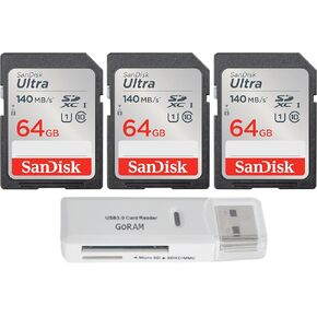 SanDisk 64GB (3 Pack) Ultra SDXC UHS-I Class 10 Memory Card 140MB/s U1, Full HD, SD Camera Card SDSDUNB-064G (3 Pack) Bundle with (1) GoRAM USB 3.0 Card Reader (64GB)