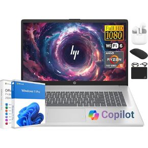 HP 17 Laptop Essential Computer, 17.3 IPS FHD Business PC, 6-Core AMD Ryzen 5, 32GB RAM, 1.5TB Storage (1TB SSD + 500GB Ext), Windows 11 Pro Copilot AI Lifetime Office, HubxcelAccesory, Number Pad