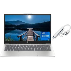 HP 14 بوصة FHD عرض الكمبيوتر المحمول النحيف | Intel Core I7-1355U Processor | Intel Iris XE Graphics | WebCam | الفضة | 32 جيجابايت ذاكرة الوصول العشوائي | 512GB SSD | Windows 11 Home | حزمة مع محور USB 3.0