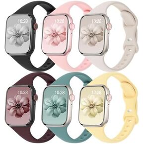 6 Pack Bands For Apple Watch band 42mm 40mm 41mm 38mm Women 46mm 44mm 45mm 49mm, Slim Thin Narrow Replacement Soft Silicone Sport Strap for iWatch Series 10/9/8/7/6/SE/5/4/3/2/1/Ultra