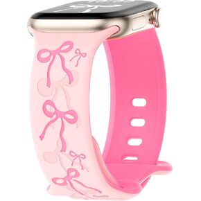 YMHML Engraved Bow Band Compatible with Apple Watch Bands for Women 40mm 42mm 41mm 38mm 44mm 45mm 46mm 49mm, Cute Silicone Inlay Dressy Pink Ribbon Strap for iWatch Series 10 9 8 7 6 5 4 3 SE Ultra