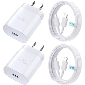 Android Charger 25W, for Samsung Charger, Super Fast Charging USB C Block, Type C Charge Cable Cord 6ft for Galaxy S25/S24 Plus/S23/S22/S21/S20/Note 20/Z Fold 3/4/5/Tablet/Watch-2Pack (White)