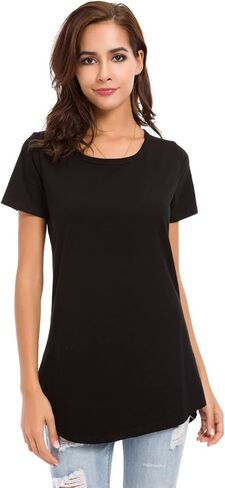 LUSMAY Womens Loose Fitting Side Slit Tops Tunic Short Sleeve Causal T Shirts, Purple, Size L in Kuwait