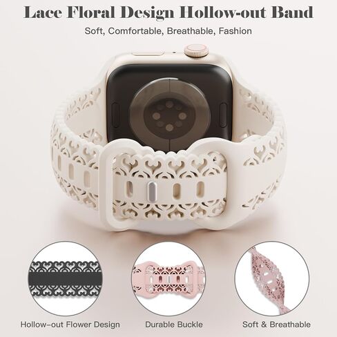 6 Pack Silicone Lace Compatible with Apple Watch Band 38mm 40mm 41mm 42mm 44mm 45mm 46mm 49mm Women, Soft Sport Hollow-out Strap for iWatch Bands Series 10 9 8 7 SE 6 5 4 3 2 1 Ultra in Kuwait