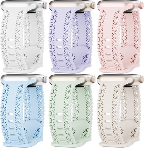 6 حزمة حزمة من الدانتيل السيليكون متوافق مع Apple Watch Band 38mm 40mm 41mm 42mm 44mm 45mm 46mm 49mm النساء ، Soft Sport Hollows-Out Strap لسلسلة Iwatch Bands Series 10 9 8 7 SE 6 5 4 3 2 1 Ultra in Kuwait