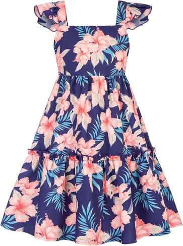 GRACE KARIN Girls Summer Dresses A-Line Swing Ruffle Girls Beach Dress Dark Blue Floral 10Y in Saudi Arabia