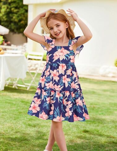 GRACE KARIN Girls Summer Dresses A-Line Swing Ruffle Girls Beach Dress Dark Blue Floral 10Y in Saudi Arabia