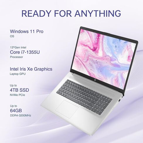 HP 17 Business Labstop Computer - 17.3 بوصة HD+ شاشة تعمل باللمس | Intel 10-Core I7-1355U | 64 جيجابايت ذاكرة الوصول العشوائي + 4TB SSD | Windows11 Pro + مجاني MS Office | Wi-Fi 6 | بلوتوث 5.3 | 720p HD كاميرا | الذهب الوردي in Kuwait