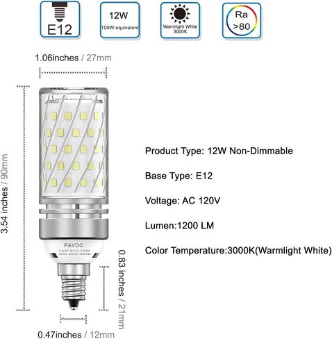 E12 LED Light Bulbs, 12W LED Candelabra Bulbs 100 Watt Equivalent, 1200LM, 6000K Daylight White Ceiling Fan Light Bulbs,Pack of 4 in Saudi Arabia