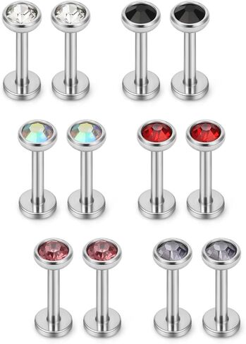 Ruifan 2mm Mix Color Round CZ Gem Internally Threaded Labret Monroe Lip Ring Tragus Nail Helix Earring Stud Barbell Piercing Jewelry Bar 10mm 16G 12PCS in Saudi Arabia