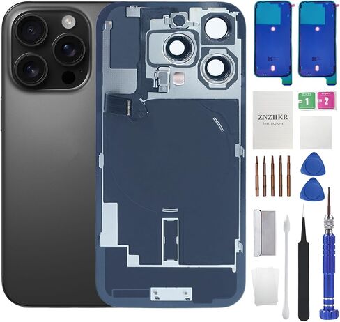 16 Pro Back Glass Replace مع شحن لاسلكي كابل فليكس وإطار الكاميرا جميع الأجزاء لـ iPhone 16 Pro (6.1inch الأسود التيتانيوم) استبدال الشريط المقاوم للماء المعدات in Kuwait
