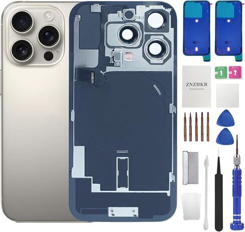 16 Pro Back Glass Replace مع شحن لاسلكي كابل فليكس وإطار الكاميرا جميع الأجزاء لـ iPhone 16 Pro (6.1inch الأسود التيتانيوم) استبدال الشريط المقاوم للماء المعدات in Kuwait