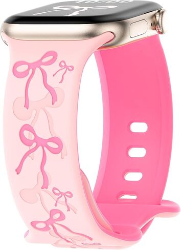 YMHML Engraved Bow Band Compatible with Apple Watch Bands for Women 40mm 42mm 41mm 38mm 44mm 45mm 46mm 49mm, Cute Silicone Inlay Dressy Pink Ribbon Strap for iWatch Series 10 9 8 7 6 5 4 3 SE Ultra in Saudi Arabia