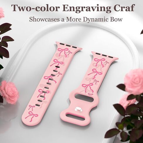 YMHML Engraved Bow Band Compatible with Apple Watch Bands for Women 40mm 42mm 41mm 38mm 44mm 45mm 46mm 49mm, Cute Silicone Inlay Dressy Pink Ribbon Strap for iWatch Series 10 9 8 7 6 5 4 3 SE Ultra in Saudi Arabia