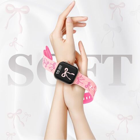 YMHML Engraved Bow Band Compatible with Apple Watch Bands for Women 40mm 42mm 41mm 38mm 44mm 45mm 46mm 49mm, Cute Silicone Inlay Dressy Pink Ribbon Strap for iWatch Series 10 9 8 7 6 5 4 3 SE Ultra in Saudi Arabia