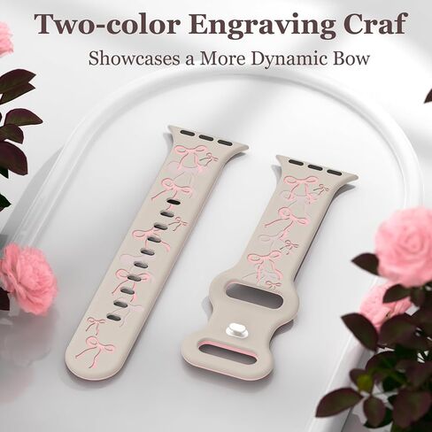 YMHML Engraved Bow Band Compatible with Apple Watch Bands for Women 40mm 42mm 41mm 38mm 44mm 45mm 46mm 49mm, Cute Silicone Inlay Dressy Pink Ribbon Strap for iWatch Series 10 9 8 7 6 5 4 3 SE Ultra in Saudi Arabia