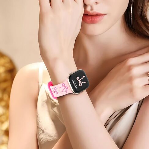 YMHML Engraved Bow Band Compatible with Apple Watch Bands for Women 40mm 42mm 41mm 38mm 44mm 45mm 46mm 49mm, Cute Silicone Inlay Dressy Pink Ribbon Strap for iWatch Series 10 9 8 7 6 5 4 3 SE Ultra in Saudi Arabia