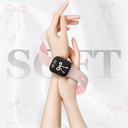 YMHML Engraved Bow Band Compatible with Apple Watch Bands for Women 40mm 42mm 41mm 38mm 44mm 45mm 46mm 49mm, Cute Silicone Inlay Dressy Pink Ribbon Strap for iWatch Series 10 9 8 7 6 5 4 3 SE Ultra in Saudi Arabia