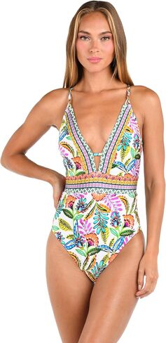 Sunshine 79 Women's Standard Over The Shoulder Keyhole Deep Plunge One Piece Swimsuit, Multi//Summertime Vibes, 6 in Saudi Arabia