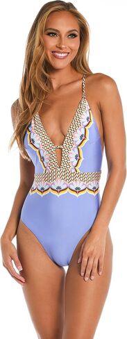 Sunshine 79 Women's Standard Over The Shoulder Keyhole Deep Plunge One Piece Swimsuit, Multi//Summertime Vibes, 6 in Saudi Arabia