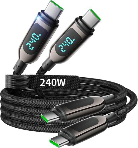 240W USB C to USB C Cable [6.6ft/2Pack],Nylon Braided Type C Fast Charging Cable with LED Display for iPhone 16/16 Pro Max/15/15 Pro Max, Samsung S25/S24 Ultra, MacBook, iPad, Laptop,Black in Saudi Arabia