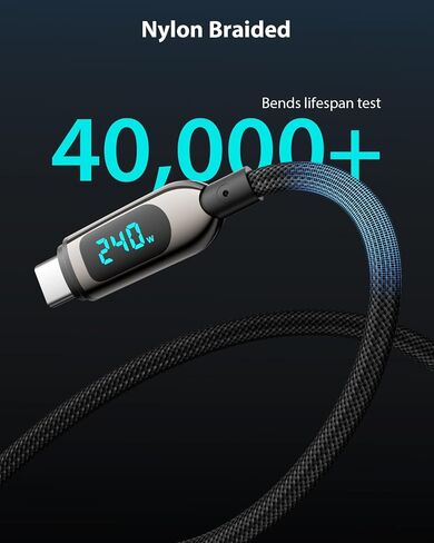 240W USB C to USB C Cable [6.6ft/2Pack],Nylon Braided Type C Fast Charging Cable with LED Display for iPhone 16/16 Pro Max/15/15 Pro Max, Samsung S25/S24 Ultra, MacBook, iPad, Laptop,Black in Saudi Arabia