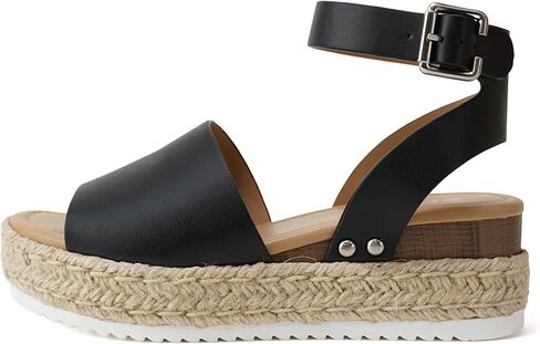 Soda Topic Open Toe Buckle Ankle Strap Espadrilles Flatform Wedge Casual Sandal (Black, 6.5) in Saudi Arabia