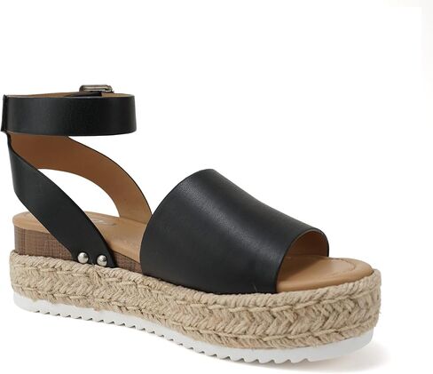 Soda Topic Open Toe Buckle Ankle Strap Espadrilles Flatform Wedge Casual Sandal (Black, 6.5) in Saudi Arabia
