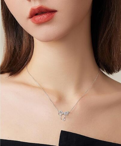Sterling Silver Three-Dimensional Bow Ribbon Knot Pendant Necklace Simulated Diamond Cubic Zirconia Crystal Bowknot Jewelry for Women Girls in Kuwait