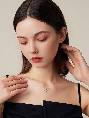 Sterling Silver Three-Dimensional Bow Ribbon Knot Pendant Necklace Simulated Diamond Cubic Zirconia Crystal Bowknot Jewelry for Women Girls in Kuwait