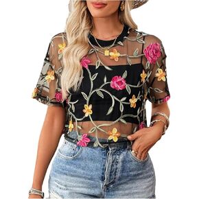 GORGLITTER Women's Tie Dye Sheer Mesh Tee Tops Long Sleeve Mock Neck Crop T Shirts in Saudi Arabia