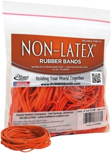 Alliance Rubber 37338#33 Non-Latex Rubber Bands, 1/4 lb Poly Bag Contains Approx. 180 Bands (3 1/2" x 1/8", Orange) in Saudi Arabia