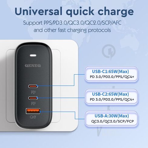 QENEQ 65W USB C Charger,GaN PPS 3-Port Fast Compact Foldable,Wall Charger,Travel Adapter with US/UK/EU Plug Extension Cord for MacBook Pro/Air, iPad Pro, Galaxy S23, Dell XPS 13, iPhone 15, and More in Kuwait