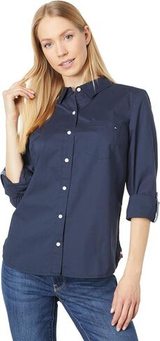 Tommy Hilfiger womens Classic Long Sleeve Roll Tab (Standard and Plus Size) Button Down Shirt, Scarlet 01, X-Small US in Saudi Arabia