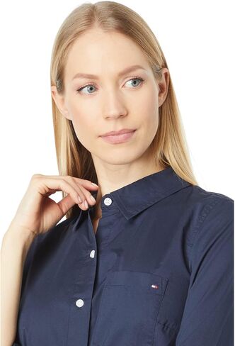 Tommy Hilfiger womens Classic Long Sleeve Roll Tab (Standard and Plus Size) Button Down Shirt, Scarlet 01, X-Small US in Saudi Arabia