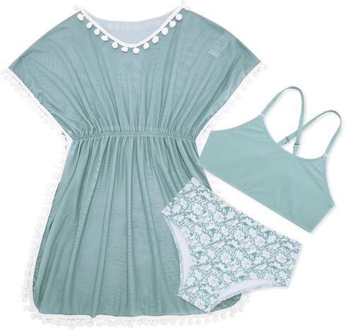 Girls Bathing Suit Coverup Kids Sunflower Swimsuits Size 7-8 Yellow Bikini Tankini 3 Piece Sets Beach Outfits Swim Wear Pom Pom Trim in Kuwait