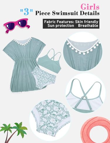 Girls Bathing Suit Coverup Kids Sunflower Swimsuits Size 7-8 Yellow Bikini Tankini 3 Piece Sets Beach Outfits Swim Wear Pom Pom Trim in Kuwait