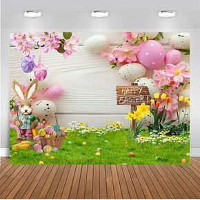 CHAIYA 5X7FT Easter Backdrop Spring Easter Photography Backdrop Easter Theme Parties Backdrop Rabbit Colorful Eggs Green Grass Floral Baby Kids Easter Party Decor Banner CY206