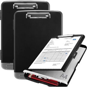 2 Pack Clipboard with Storage, A4 Size High Capacity Nursing Clipboards with Pen Holder, Heavy Duty Office Clipboard Folder with Metal Clip, Storage Clipboard, Clipboards Side-Opening(Black)
