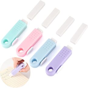 4 Pack Sliding Retractable Click Eraser Assorted Soft Colors Pastel Erasers Push Pull Aesthetic Erasers with Plastic Sleeve for Students Kids, School Office Home Supplies