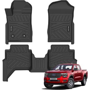 سجادات أرضية لسيارة Ford Ranger SuperCrew 2024، بطانات أرضية مطاطية TPE للحماية من جميع الأحوال الجوية لملحقات Ford Ranger 2024، عديمة الرائحة مضادة للانزلاق، الصف الأول والثاني، أسود in Kuwait