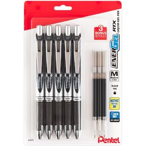 Pentel EnerGel Liquid Gel Ink Pens 0.7 mm - Pack of 5 Black Deluxe RTX Pens with 3 Refills