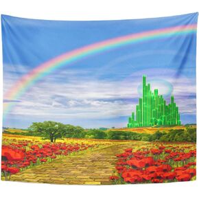 Emvency Tapestry Fields Musical Yellow Brick Road Backdrop Leading Into Emerald Wizard City Land Rainbow Party Home Decor Wall Hanging for Living Room Bedroom Dorm 50x60 Inches