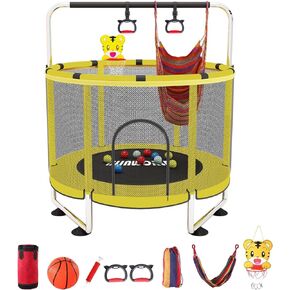 Trampoline for Kids, Adjustable Baby Toddler Trampoline with Basketball Hoop, 440lbs Indoor Outdoor Toddler Trampoline with Enclosure (Yellow-E)