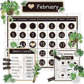 مجموعة لوحة نشرة تقويم Boho Greenery ببساطة لوحة إعلانات CTP تقويم مواسم الطقس مخطط أخضر لتزيين الفصول الدراسية مع مخطط الموسم والطقس وأيام الأسبوع، ديكور العودة إلى المدرسة in Kuwait